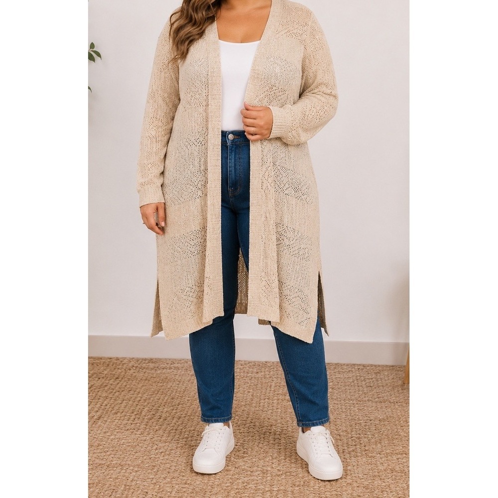 Y2K A&I Beige Open Knit Cable Back Long Sleeve Duster Cardigan Sweater Size 3X